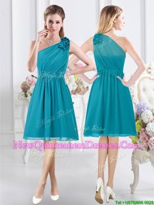 Stylish Knee Length Teal Quinceanera Court of Honor Dress One Shoulder Sleeveless Side Zipper