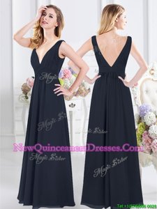 Customized Navy Blue Quinceanera Dama Dress Prom and Party and For withRuching V-neck Sleeveless Backless