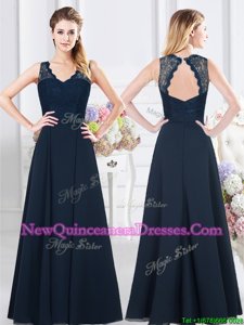 High Class V-neck Sleeveless Backless Quinceanera Court Dresses Navy Blue Chiffon