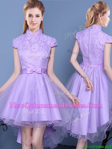 Amazing Short Sleeves Tulle High Low Zipper Quinceanera Dama Dress inLavender forSpring and Summer and Fall withLace and Bowknot and Belt