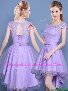 Shining Scoop Lace Court Dresses for Sweet 16 Lavender and Purple Lace Up Cap Sleeves High Low