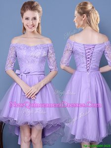 Lavender Lace Up Off The Shoulder Lace and Bowknot and Belt Dama Dress for Quinceanera Tulle Half Sleeves