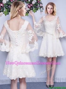Scoop White 3|4 Length Sleeve Tulle Lace Up Vestidos de Damas for for Prom