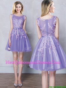 Hot Sale Scoop Mini Length Zipper Quinceanera Dama Dress Lavender and In for for Prom withAppliques and Belt