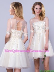 Fashionable Champagne Tulle Lace Up Scoop Half Sleeves Mini Length Dama Dress Appliques