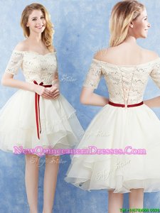 Attractive Champagne Damas Dress for Prom and For withLace and Ruffles and Belt Off The Shoulder Short Sleeves Lace Up