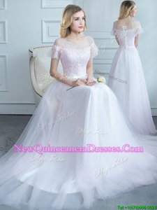 Custom Fit Scoop Short Sleeves Tulle Sweep Train Lace Up Dama Dress in White withLace and Belt