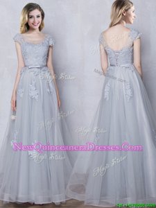 Beauteous Tulle Scoop Cap Sleeves Lace Up Lace and Appliques and Belt Dama Dress for Quinceanera inGrey