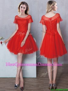 Gorgeous Red Tulle Lace Up Scoop Short Sleeves Mini Length Quinceanera Court of Honor Dress Lace