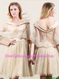 Fashionable Champagne Empire Off The Shoulder Sleeveless Tulle and Lace Mini Length Zipper Lace Damas Dress