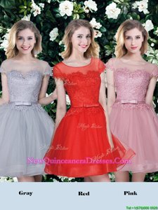 Perfect Scoop Red and Pink and Grey Tulle Lace Up Dama Dress for Quinceanera Short Sleeves Mini Length Appliques and Belt