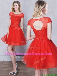 Sweet Scoop Red A-line Appliques and Belt Quinceanera Dama Dress Lace Up Tulle Short Sleeves Mini Length