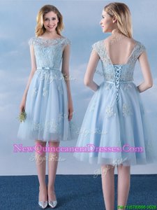 Scoop Knee Length Empire Cap Sleeves Light Blue Court Dresses for Sweet 16 Lace Up