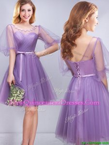 Traditional A-line Quinceanera Dama Dress Lavender Scoop Tulle Half Sleeves Mini Length Lace Up