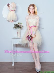 Pretty Scoop Spring and Summer and Fall Tulle Half Sleeves Mini Length Court Dresses for Sweet 16 andLace and Appliques and Ruffles and Bowknot