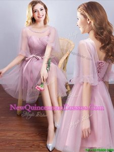 Great Scoop Pink Half Sleeves Mini Length Ruching and Bowknot Lace Up Damas Dress