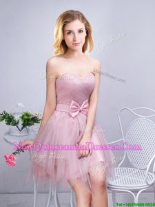 Low Price Mini Length Pink Quinceanera Court Dresses Tulle Sleeveless Spring and Summer and Fall Ruching and Bowknot