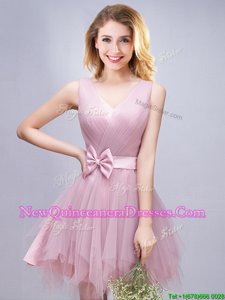 Exquisite A-line Quinceanera Dama Dress Pink V-neck Tulle Sleeveless Mini Length Lace Up