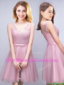 Flare Sleeveless Ruching and Bowknot Lace Up Quinceanera Court of Honor Dress