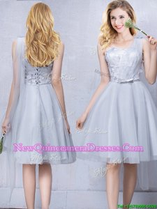 Stunning Tulle One Shoulder Sleeveless Lace Up Lace and Appliques and Belt Quinceanera Court of Honor Dress inGrey
