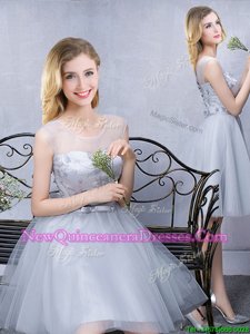 Smart Scoop Grey Sleeveless Knee Length Lace and Appliques and Belt Lace Up Quinceanera Court Dresses