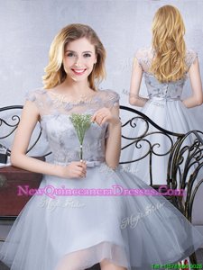 Charming Scoop Cap Sleeves Knee Length Lace and Appliques and Belt Lace Up Quinceanera Court Dresses with Grey