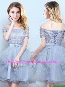 High Quality A-line Dama Dress for Quinceanera Grey Off The Shoulder Organza Short Sleeves Mini Length Lace Up