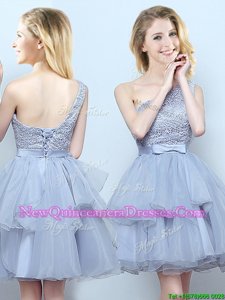 Top Selling One Shoulder Grey A-line Lace and Ruffles and Belt Dama Dress Lace Up Organza Sleeveless Mini Length