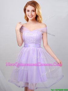 Custom Fit Off the Shoulder Lavender Short Sleeves Mini Length Lace and Appliques and Belt Lace Up Dama Dress