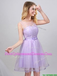 Fancy Lavender Tulle Lace Up Scoop Sleeveless Mini Length Court Dresses for Sweet 16 Lace and Appliques and Belt