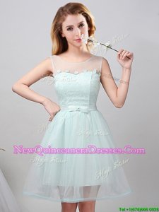 Cute Tulle Scoop Sleeveless Lace Up Lace and Appliques and Belt Quinceanera Dama Dress inApple Green
