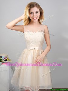 Discount Scoop Champagne Tulle Lace Up Quinceanera Court of Honor Dress Sleeveless Mini Length Lace and Appliques and Belt