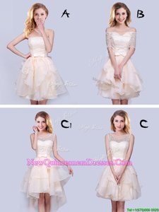 Excellent Champagne A-line Lace and Ruffles and Belt Court Dresses for Sweet 16 Lace Up Organza Sleeveless Mini Length