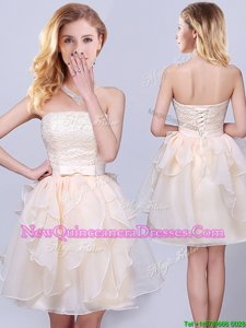 New Style Strapless Sleeveless Dama Dress for Quinceanera Mini Length Lace and Ruffles and Belt Champagne Organza