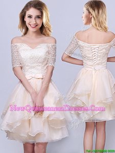 Free and Easy Off the Shoulder Mini Length A-line Short Sleeves Champagne Dama Dress for Quinceanera Lace Up