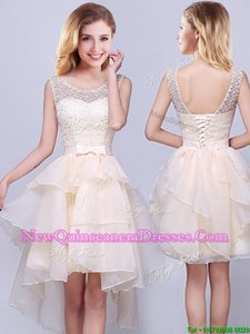 Edgy Scoop High Low Lace Up Quinceanera Court of Honor Dress Champagne and In for for Prom withLace and Ruffles