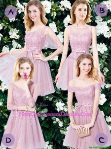 Customized Pink Sleeveless Mini Length Appliques and Belt Lace Up Dama Dress for Quinceanera
