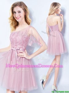 Captivating One Shoulder Sleeveless Lace Up Dama Dress for Quinceanera Pink Tulle