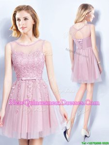 Traditional Scoop Mini Length Pink Quinceanera Court of Honor Dress Tulle Sleeveless Spring and Summer and Fall Appliques and Belt