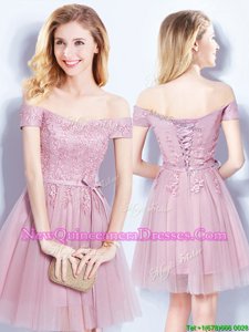 Modest Pink Off The Shoulder Neckline Appliques and Belt Quinceanera Court of Honor Dress Sleeveless Lace Up