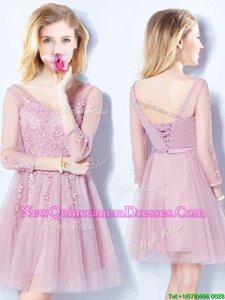 Custom Design Appliques and Belt Court Dresses for Sweet 16 Pink Lace Up Sleeveless Mini Length