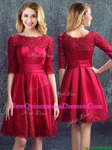 Glittering Bateau Half Sleeves Dama Dress Mini Length Lace Wine Red Satin