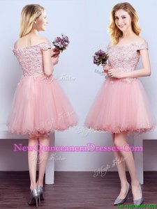 Great Off the Shoulder Sleeveless Tulle Mini Length Lace Up Quinceanera Dama Dress inPink forSpring and Summer and Fall withBeading and Lace