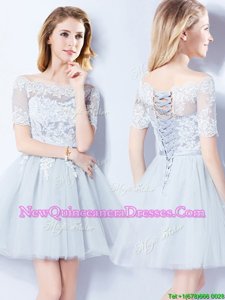 Fashionable Tulle Off The Shoulder Short Sleeves Lace Up Lace Dama Dress inLight Blue