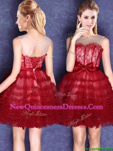 Top Selling Tulle Scoop Sleeveless Lace Up Lace and Bowknot Quinceanera Court Dresses inWine Red