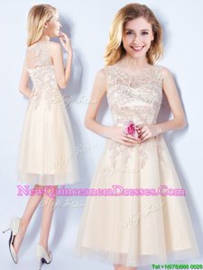 Deluxe Scoop Champagne Sleeveless Knee Length Appliques Lace Up Damas Dress