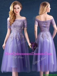 On Sale Off the Shoulder Short Sleeves Tea Length Beading and Lace Zipper Dama Dress for Quinceanera with Lavender