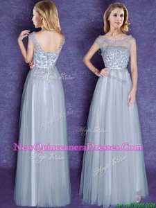 Chic Grey Empire Scoop Cap Sleeves Tulle Floor Length Lace Up Appliques and Bowknot Quinceanera Dama Dress