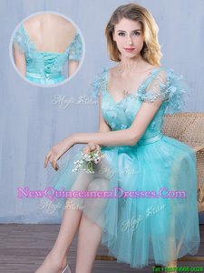 Gorgeous Tulle Sweetheart Short Sleeves Lace Up Lace and Appliques and Bowknot Quinceanera Dama Dress inAqua Blue
