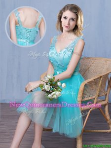 Best Knee Length Lace Up Court Dresses for Sweet 16 Aqua Blue and In for Prom and Party withLace and Appliques and Bowknot